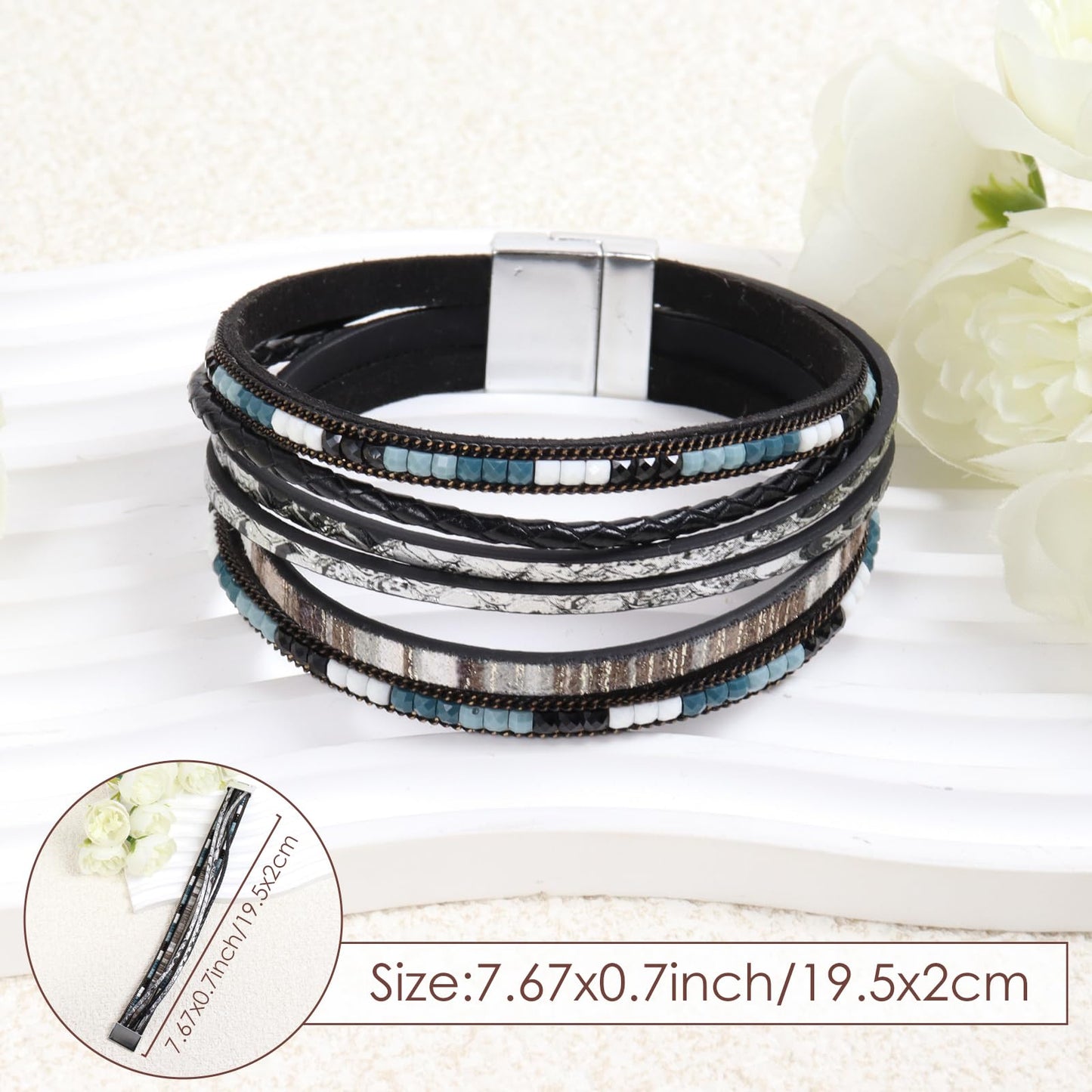 WQYILEAER Bracelets for Women, 2Pcs Leather Wrap Layer Bracelets Boho Rustic Multi-Layer Braided Bracelet Stack Bracelet for Women (Black Khaki)
