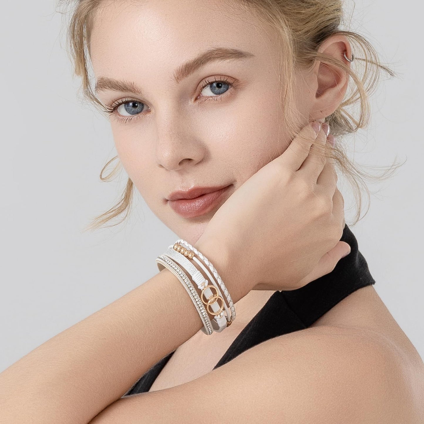FANCY SHINY Boho Leather Wrap Bracelet Stackable Beaded Infinity Chunky Cuff Bracelets with Magnetic Clasp Western Hippie Outfits Jewelry Gifts for Women(White)