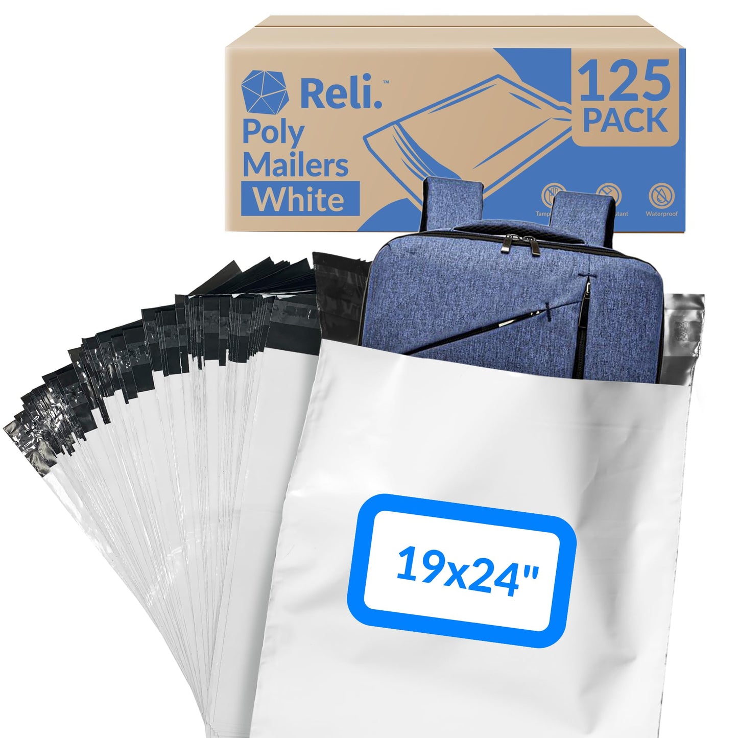Reli. (125 Pcs) Poly Mailers 19x24", White | Large Shipping Bags for Small Business | Mailing Bag for Shipping | Packaging for Clothing | Non-Padded Envelopes/Polybags, Self Sealing