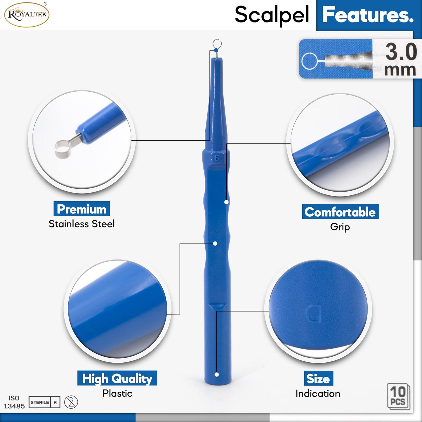 Sterile Disposable Dermal Curettes, Easy Peel Packing - Box of 10 (3.00 mm)