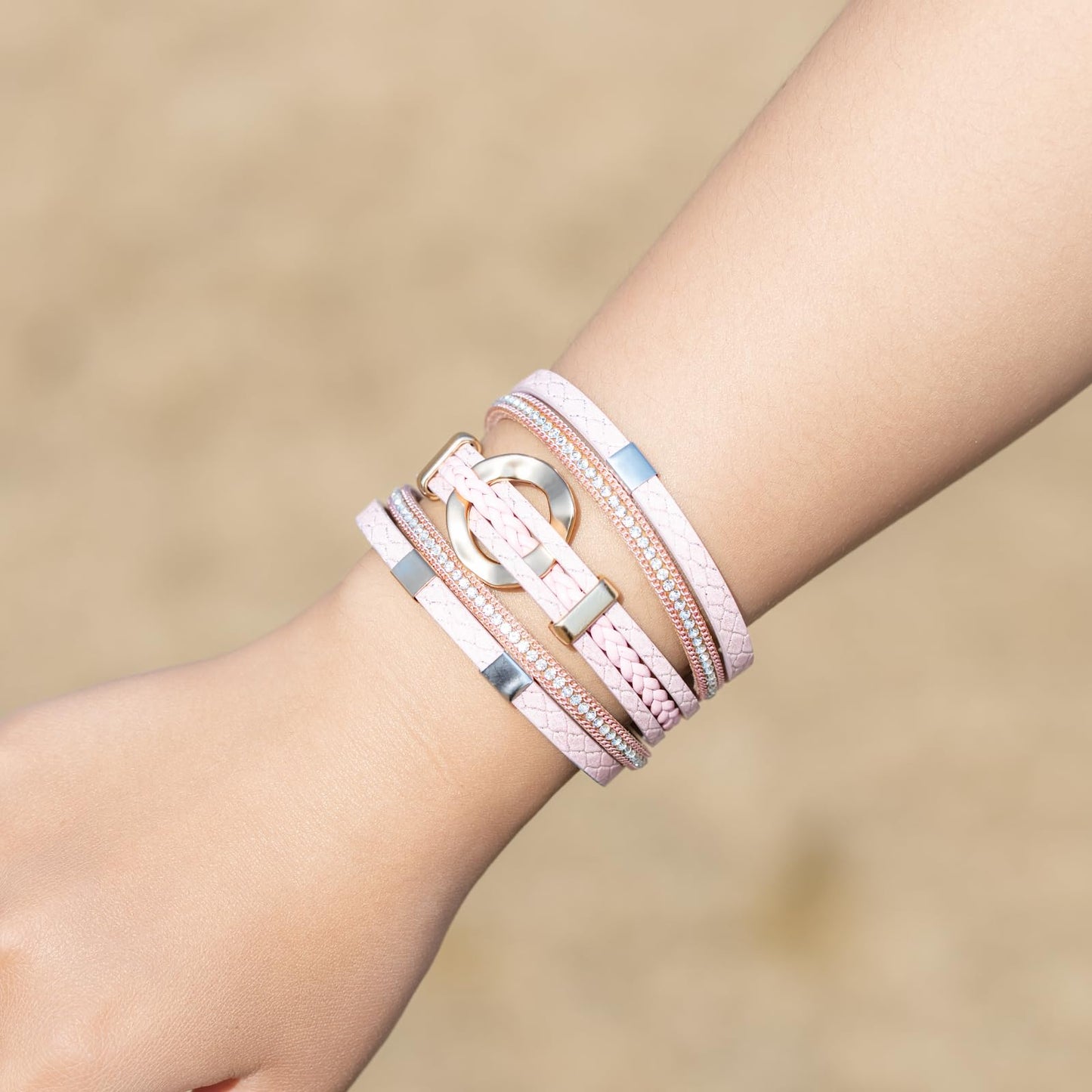FANCY SHINY Boho Leather Wrap Bracelets Circle Square Bead Braided Handmade Stackable Bracelet Trendy Cuff Bangle for Women(Pink)