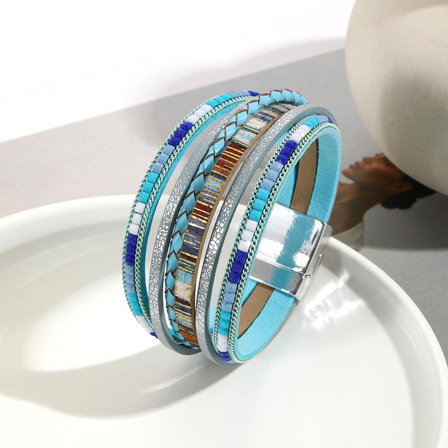 VIBILIA Boho Leather Wrap Bracelets for Women Trendy Layered Multi-Layer Bracelets with Strong Clasp Jewelry for Women-Blue