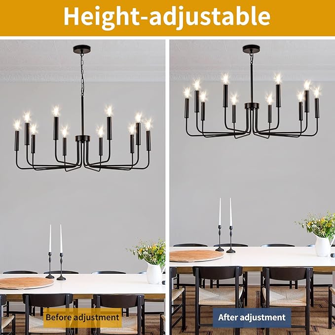 Farmhouse Candle Chandelier, 10 Light Rustic Black Ceiling Pendant Light Fixture, L-Arm Design Industrial Dining Room Hanging Lighting for Living Room, Entryway, Foyer, Kitchen Island
