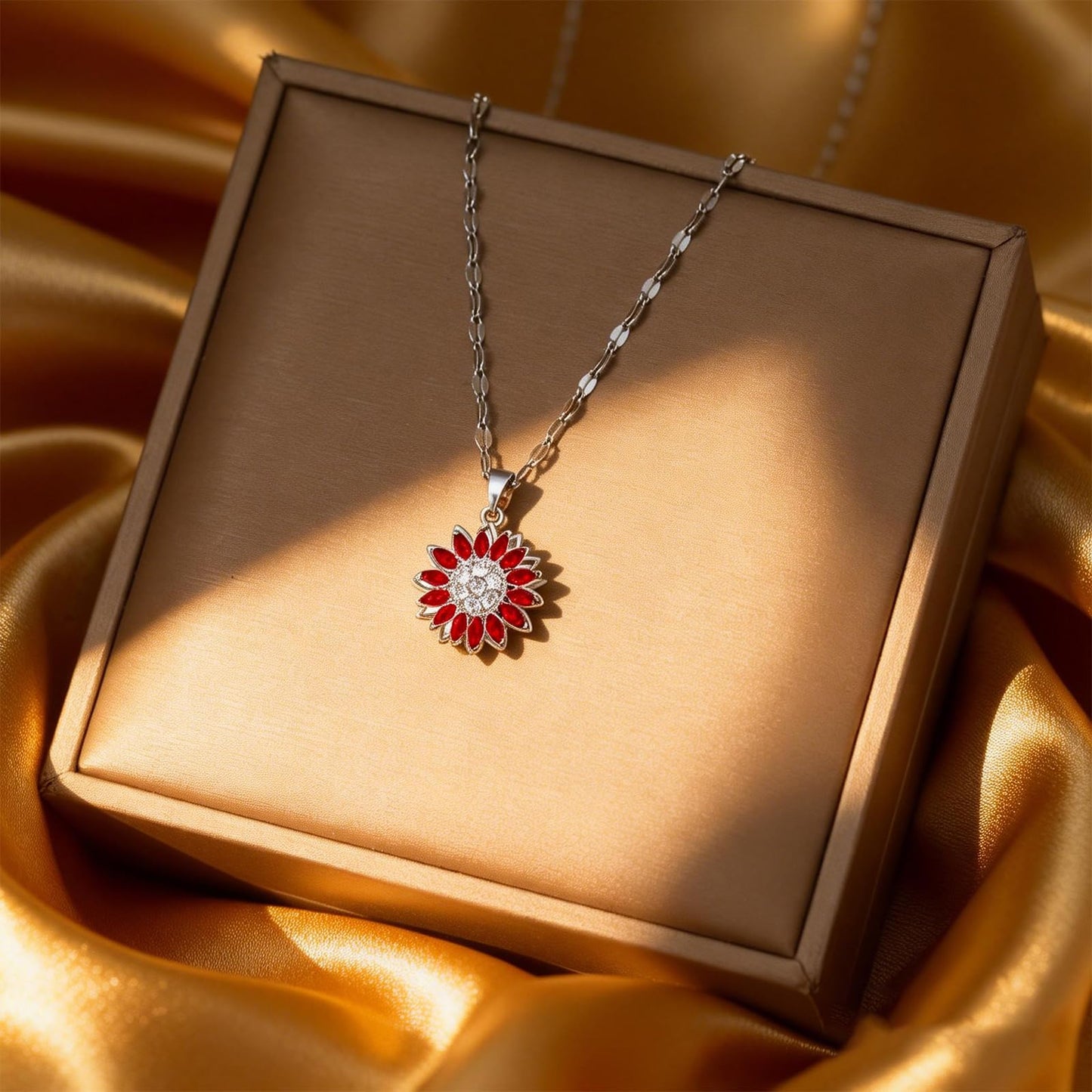 KONPJE Sunflower Fidget Necklace for Women Gold Moon Necklace Rotating Heart Necklaces Spinning Crystal Sunflower Anxiety Necklaces Crescent Moons Jewelry Accessories (Silver Red)