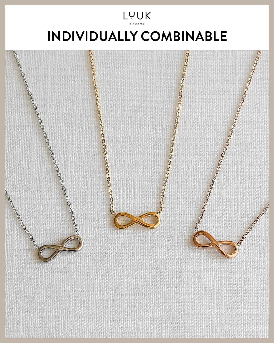 LUUK LIFESTYLE Stainless steel necklace with Infinity motif pendant and HAPPINESS gift card, gift idea for Valentine's Day, birthday, symbol of love, women fashion accessory, 19” chain length, silver