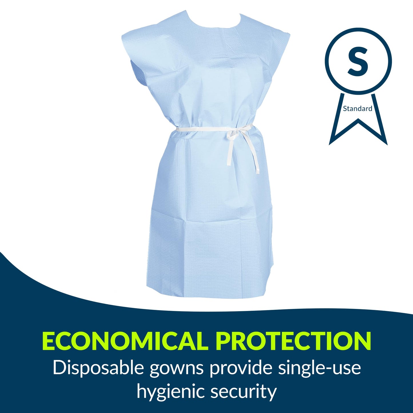 Avalon 813 Patient Gowns, Blue (Pack of 50) ― Tissue/Poly/Tissue ― Open-Back, Waist-Tie, Short-Sleeve Medical Gowns ― Disposable Exam Gowns ― Standard Size 30” x 42” ― Latex-Free Medical Supplies