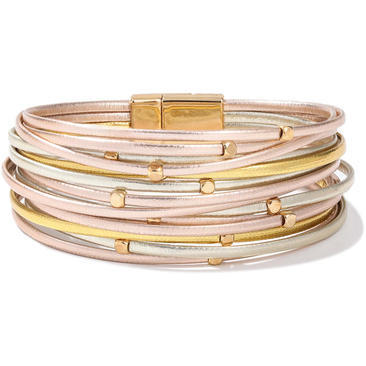 FANCY SHINY Beaded Leather Wrap Bracelets Cute Boho Stackable Bangle Cuff with Magnetic Clasp Layered Trendy Jewelry for Women(Mix Metallic)