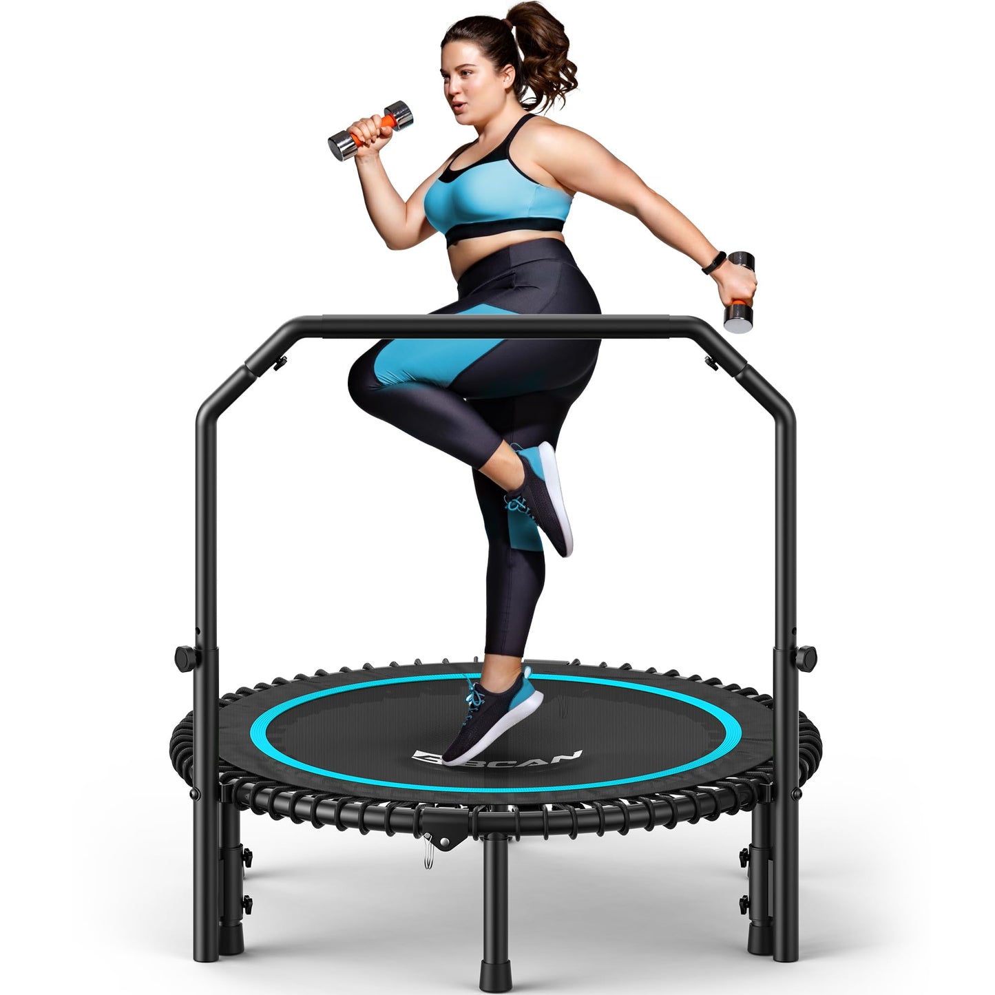 BCAN BT2 450/550LBS Mini Rebounder Trampoline for Adults with Bar, Fitness Trampoline with Bungees, Adjustable Handle, Stable & Quiet, Indoor Outdoor, Whole-Body Workout & Relaxation at Home-40IN-BLU