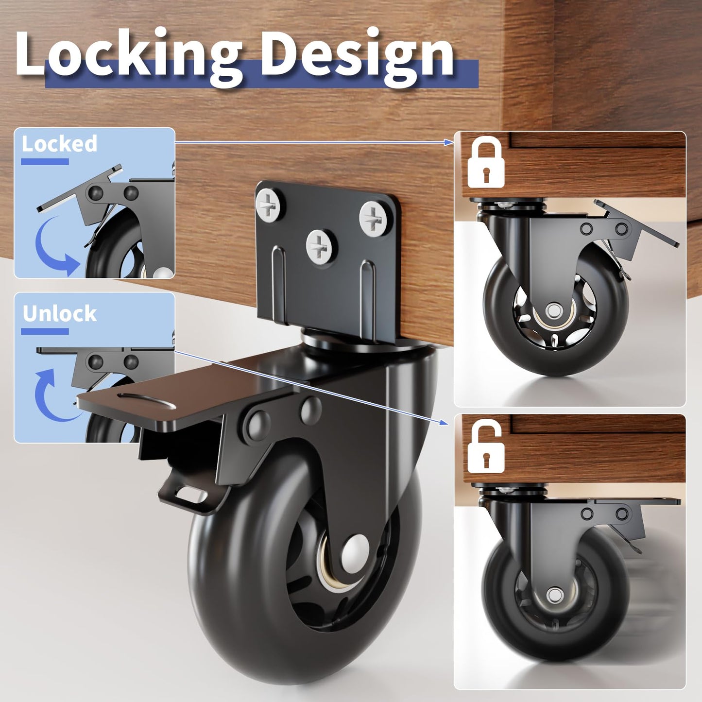 Side Mount Plate Caster Wheels - Thickened L-Shaped Mounting ，Heavy Duty 1600 LBS，Set of 4 with Brake，360° Swivel，Locking，Castor Wheels for Furniture，Carts，Cabinet，Table (Black, 4inchs)