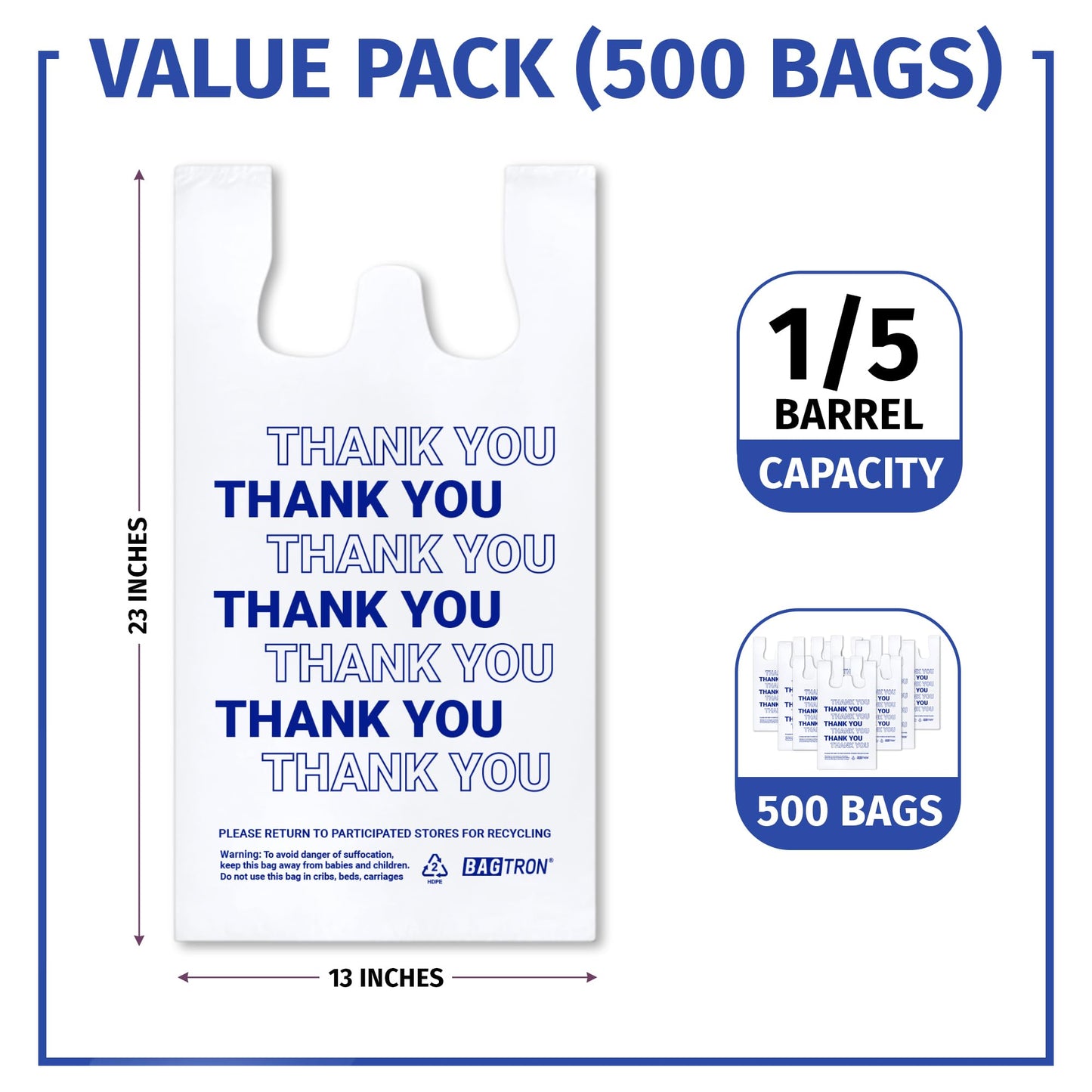 Bagtron Thank You T-Shirt Carry-Out Bags, Disposable Plastic Bags with Handles for Shopping and Restaurant, 1/5 Barrel, 0.75 Mils, White/Blue, 13" x 8" x 23" Large, 500 Count