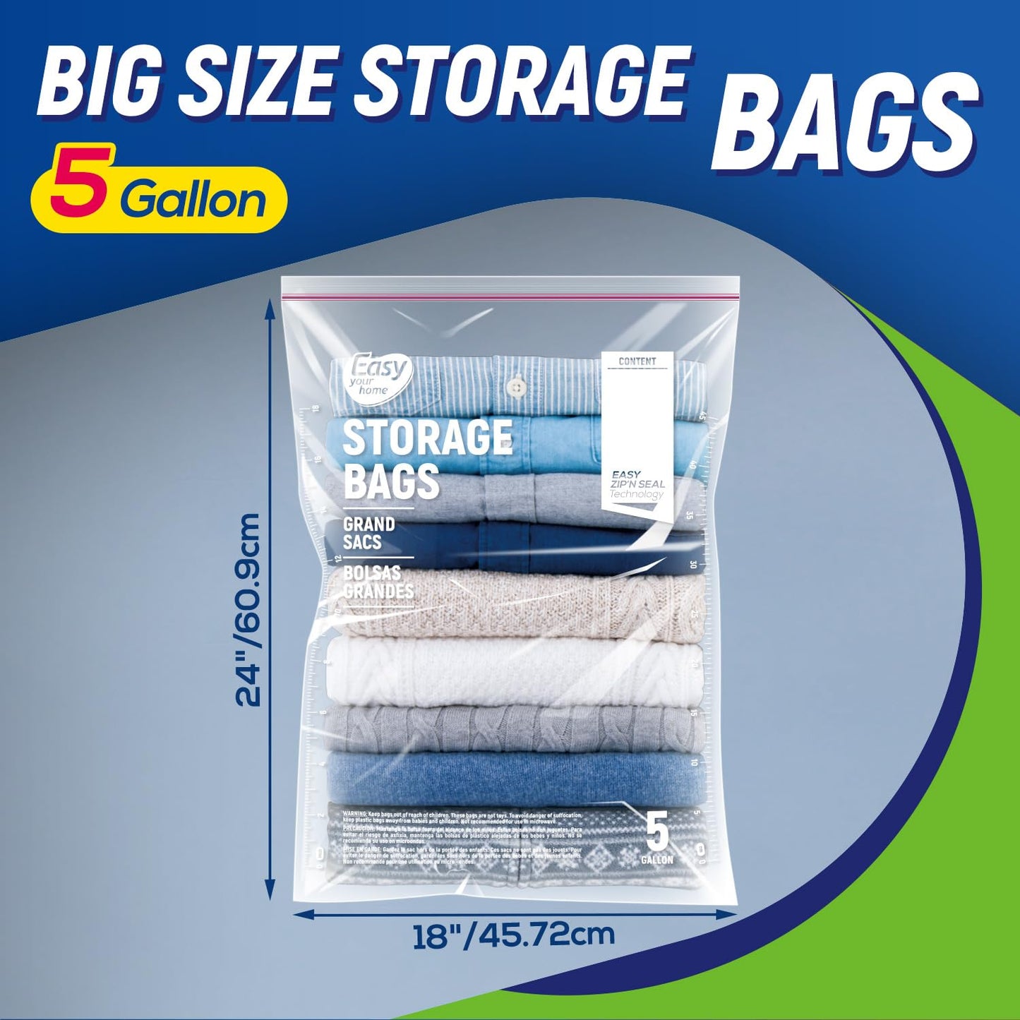 EASYYOURHOME 20PCS 5 Gallon Zipper Lock Storage Bags,18"x24",Reusable Extra Large Size Plastic Freezer Bag with Zipper for Food,Clothing,Travel,Moving,BPA-Free,2-Mil Thick