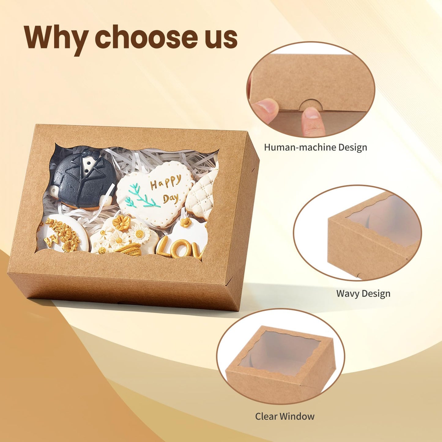 NEKSUNBAK 50 Pcs 8x6x2.5 Inch Brown Cookie Boxes with Window, Pastry Box for Chocolate Strawberries, Macarons, Truffles, Perfect for Thanksgiving Day, Mother's Day, Christmas Party Favors & Holiday