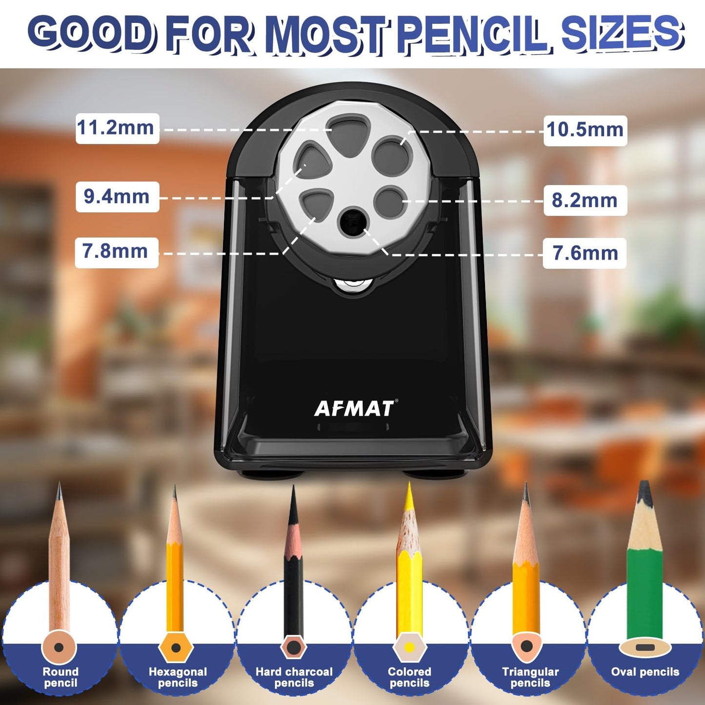 AFMAT Electric Pencil Sharpener for Classroom, 6 Holes, Heavy Duty Pencil Sharpeners for Home, Pencil Sharpener Plug in for 6-11mm Pencils, Auto Stop, Super Fast, Save Pencils, PSX2