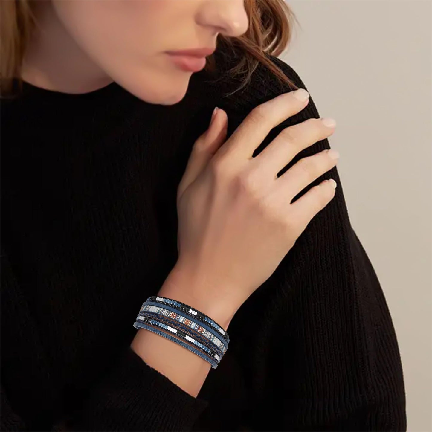VIBILIA Boho Leather Wrap Bracelets for Women Trendy Layered Multi-Layer Bracelets with Strong Clasp Jewelry for Women-RoyalBlue