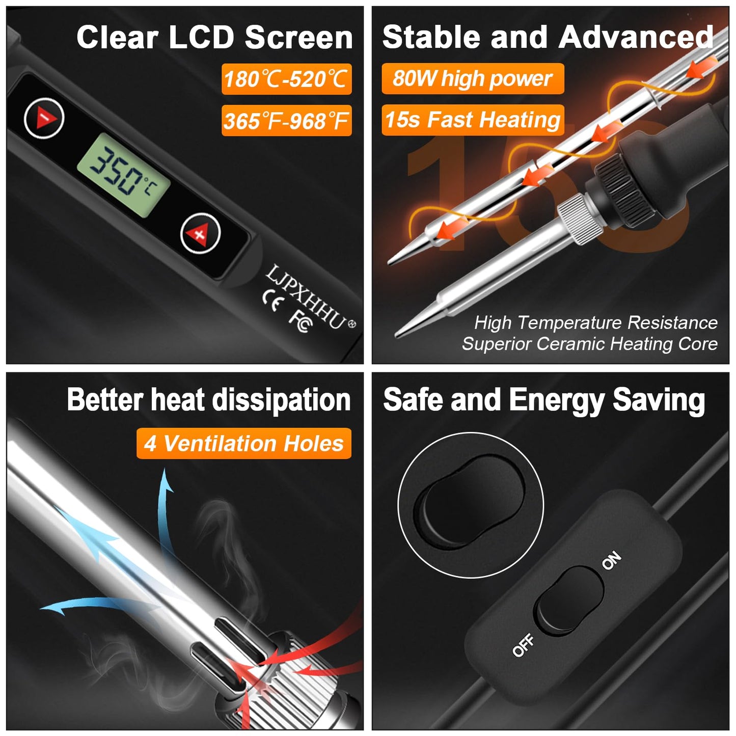 Soldering Iron Kit 80W LCD Adjustable Temperature 180-520℃ Solder Kit Electronics 13 in 1 Welding Tools with ON/OFF Switch, Solder Wire, Flux, 5 Soldering Tips, Desoldering Pump, Stand, Tweezers