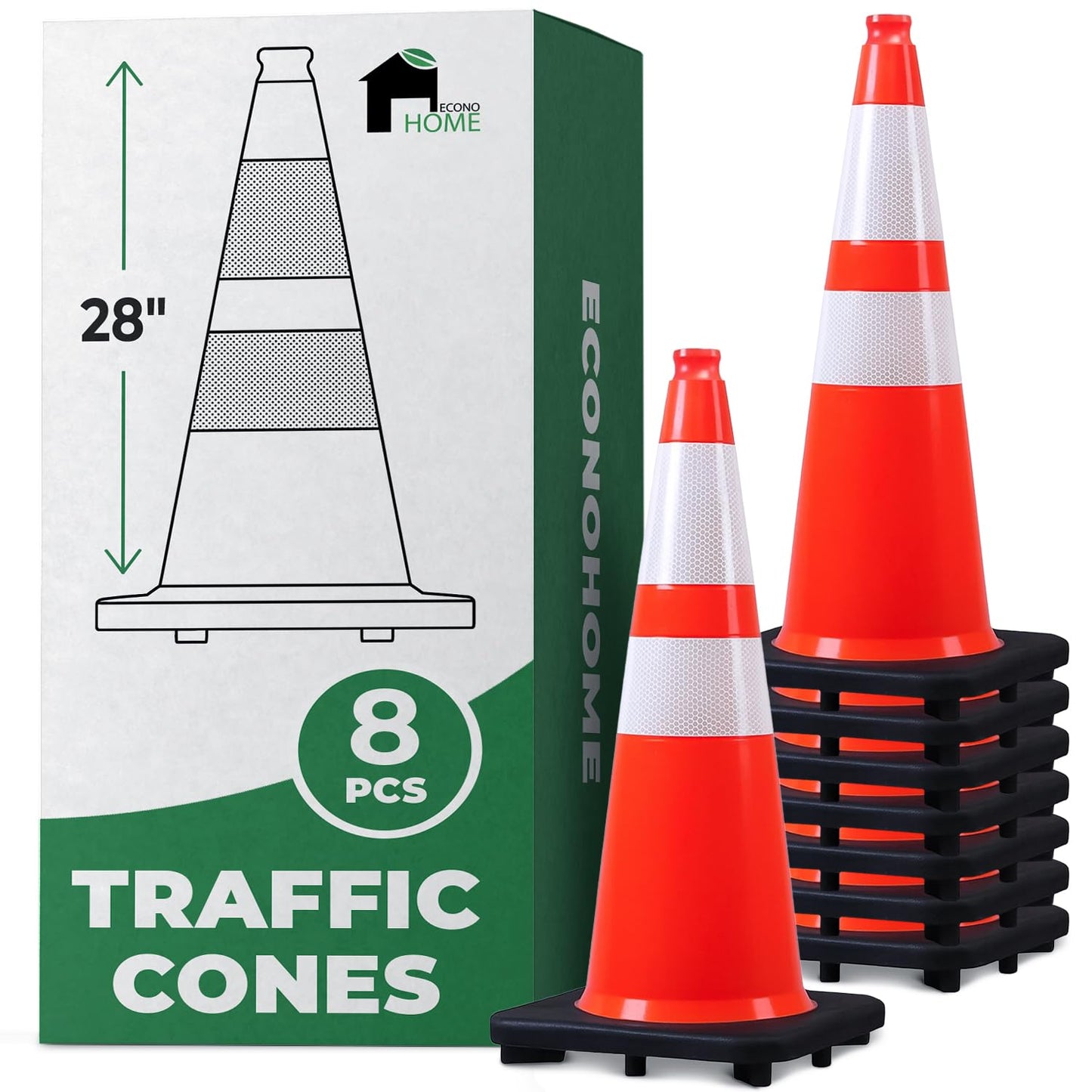 EconoHome 28-Inch Tall, 8-Pack Reflective Traffic Cones - 5.3 lbs Weighted Orange Safety Cones for Parking Lot, Traffic Control, Construction, Road Safety - Heavy Duty Square Base, Flexible PVC