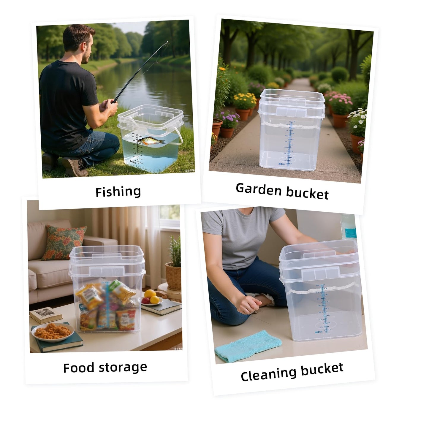 ASEVAT 4 Pcs Square Food Grade Bucket with Lid Square Bucket Pail with Plastic Handles for Storing Dry Food, Charcoal, Camping, Fishing （1+2.6+4.2gal