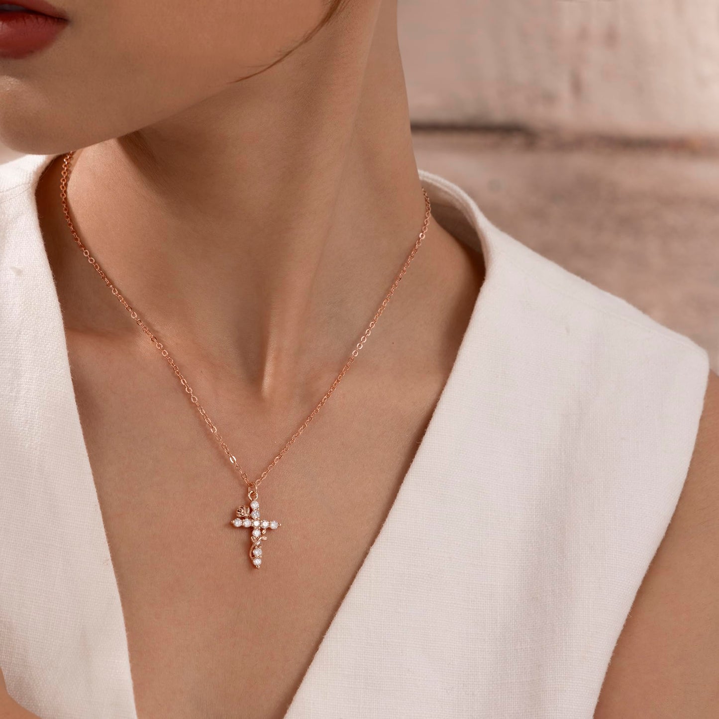 Robaice Easter Basket Stuffers Flower Cross Necklace for Women, Rose Gold Plated Dainty Cubic Zirconia Faith Cross Pendant, Christian Religious Jewelry Gifts