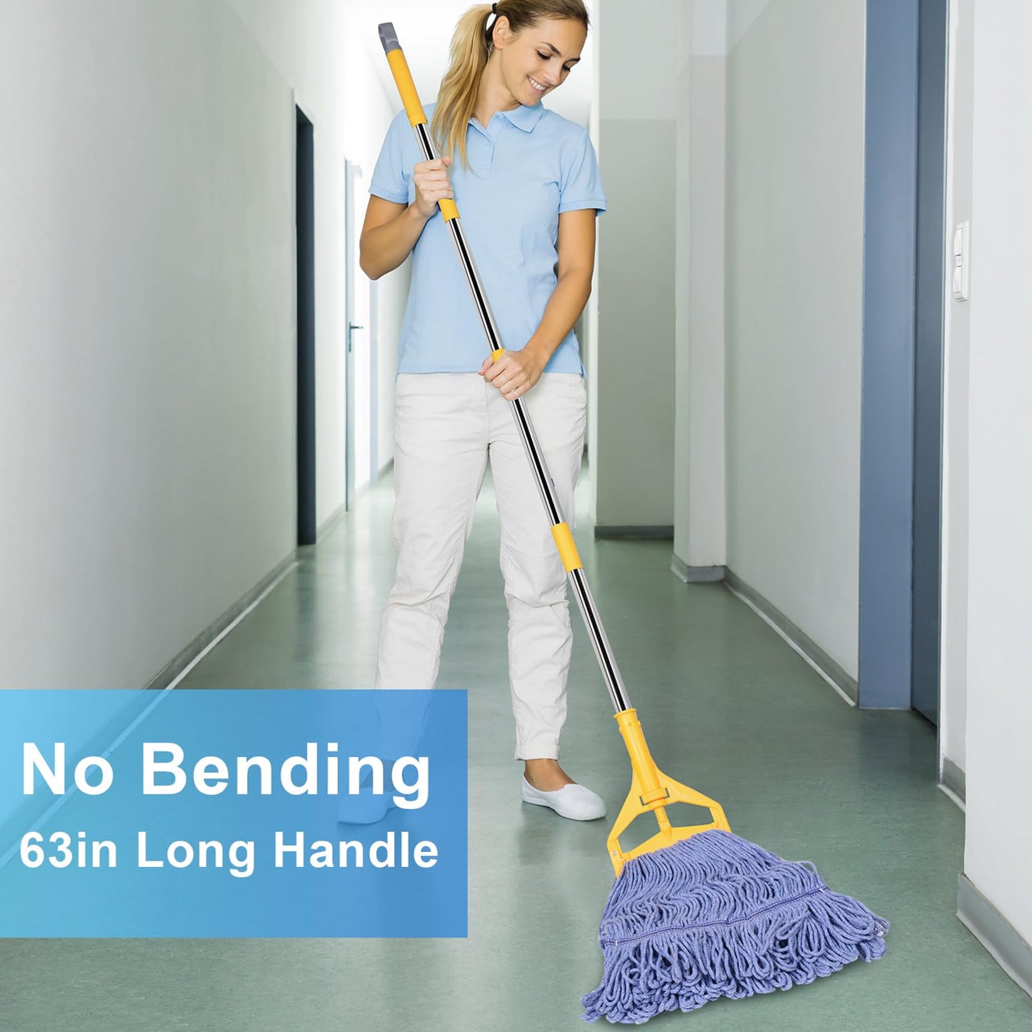 HiBaby Commercial Mop with Extra Head Replacement, 63Inch Handle Heavy Duty Industrial Mop Looped-End String Wet Mops for Floor Cleaning for Warehouse, Workshop, Garage, Office, Home (2 Mops Head)