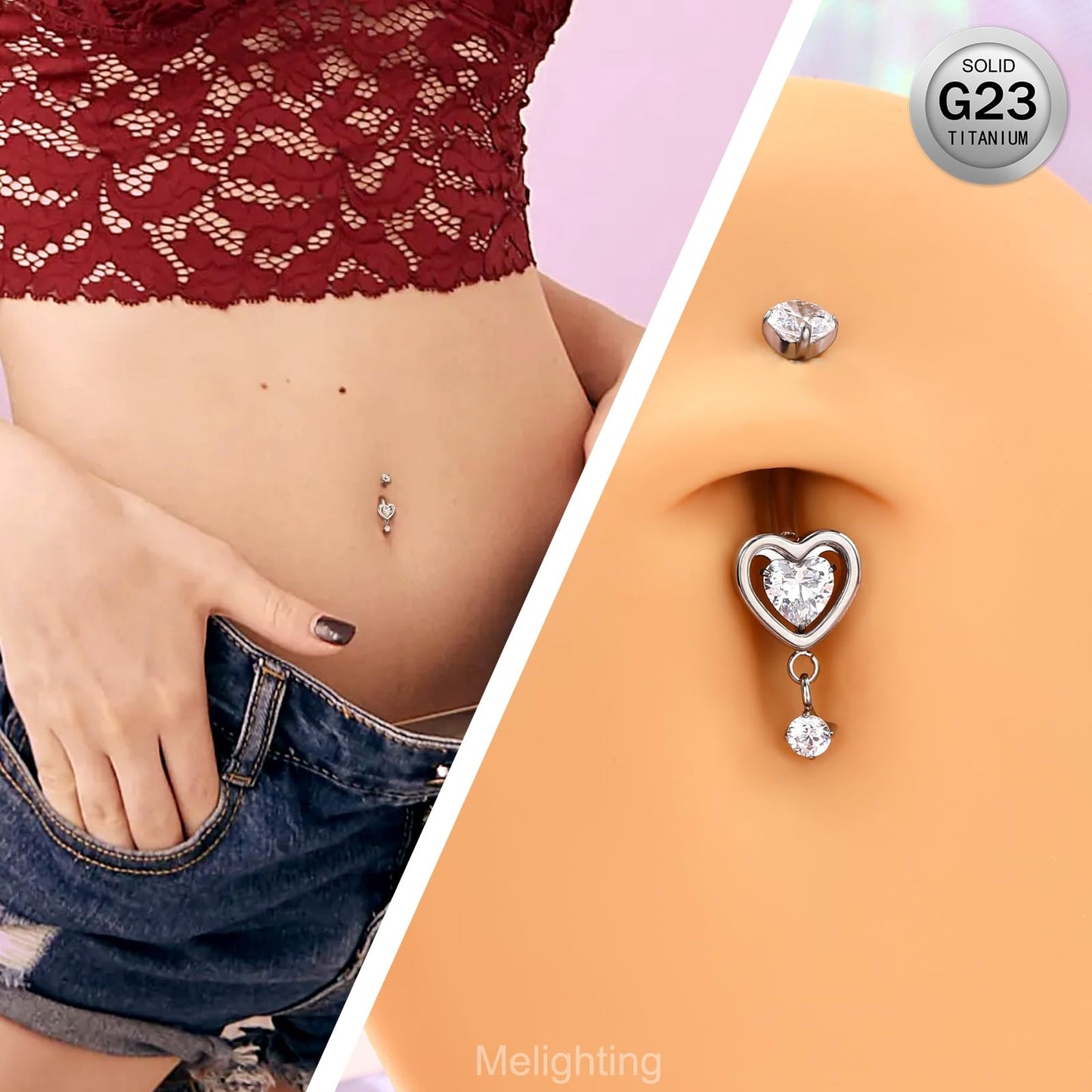Melighting Heart Titanium Belly Button Ring Internally Threaded 14G Dangle Belly Ring Belly Piercing Jewelry Titanium G23 Naval Ring Clear Cz 10mm Body Piercing Jewelry