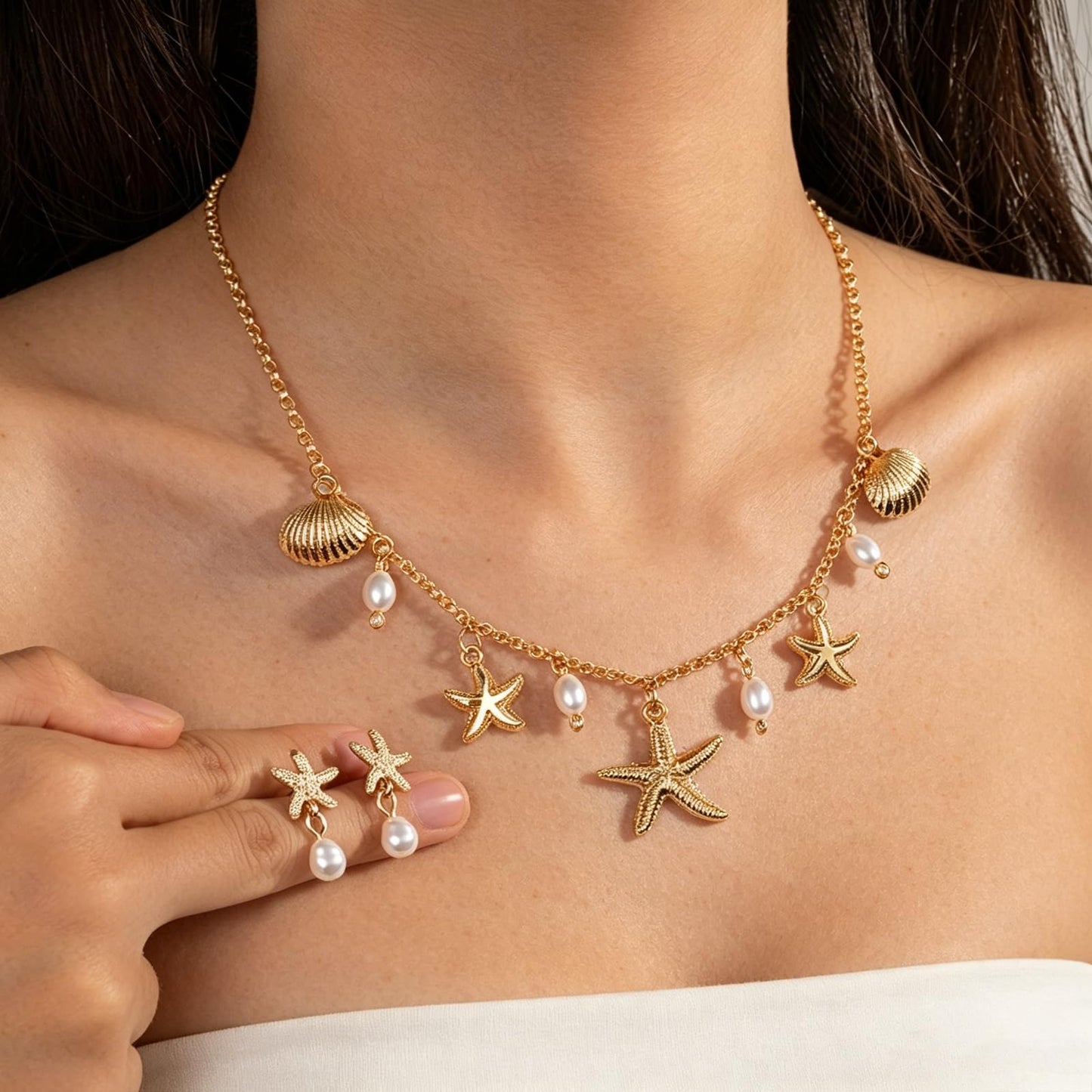 Quivox Gold Seashell Starfish Jewelry Set for Women Beach Necklace Earrings Sets Charm Pearl Choker Necklace Starfish Dangle Earrings Trendy Holiday Accessories (Gold2)