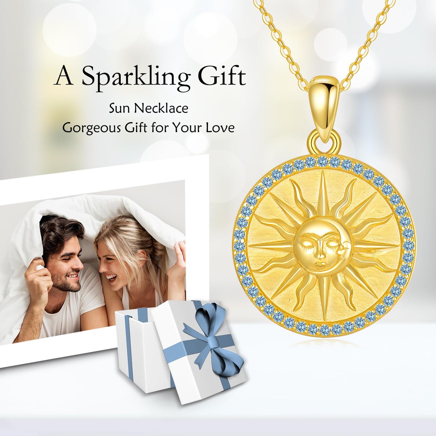 KQF Birthstone Sun Necklace for Women 925 Sterling Silver Sun and Moon Gold Plated Coin Pendant March Jewelry Gift