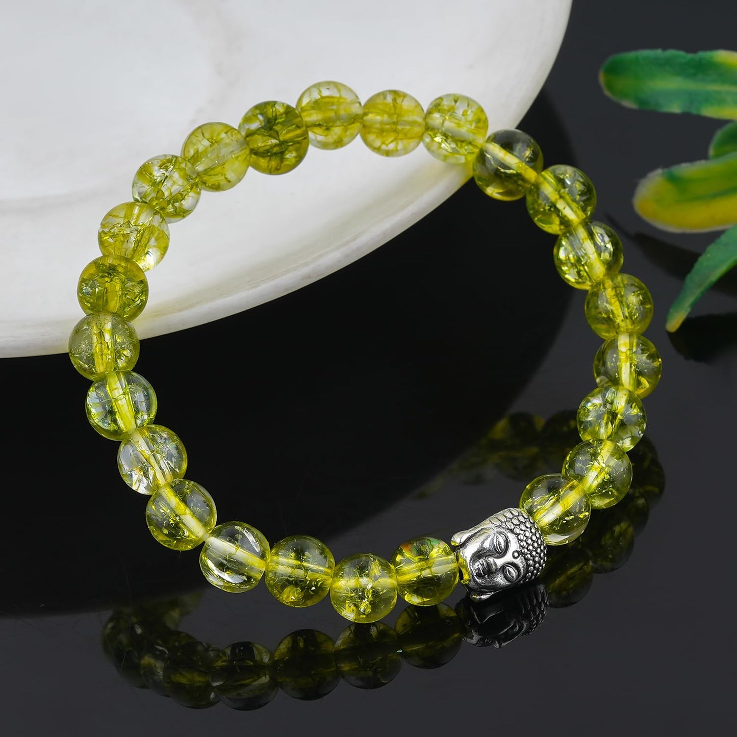 CRYSTALINES Buddha Charm Stretchable Braceclet, Green Peridot Crystal Beads, Plain Round Stones, Handmade Boho Strech Bracelet, Adjustable Spiritual Healing Crystal Unisex Jewelry Gift