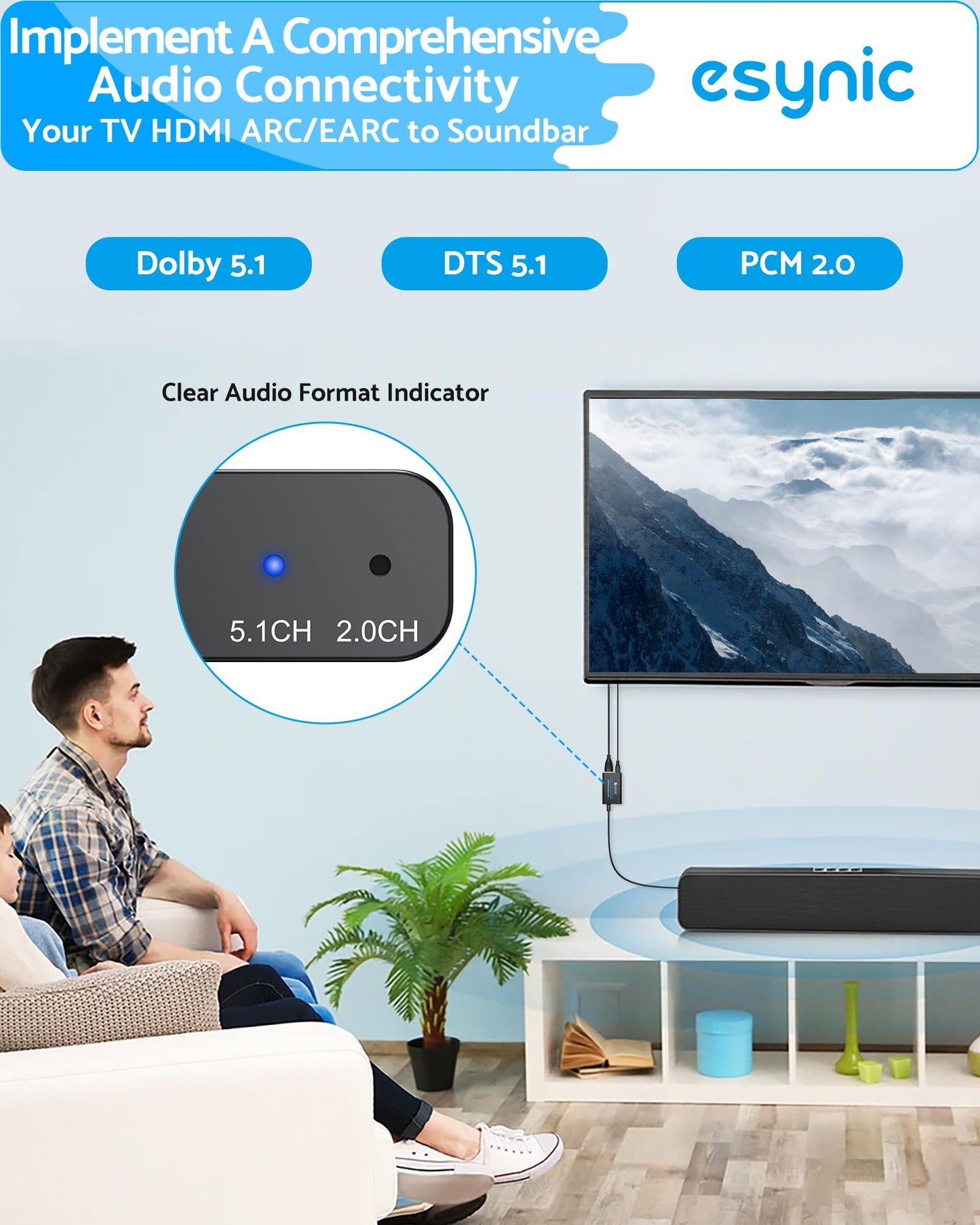eSynic Professional eARC Audio Extractor-192KHz ARC to Optical Adapter-for HDTV ARC/eARC Ports to Optical Soundbar-Ultra Long 7ft Cable-Easy to Setup-Support PCM 2.0/Dolby 5.1/DTS 5.1 Audio Formats