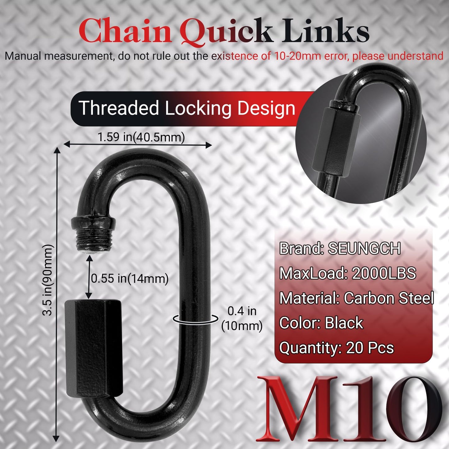 3.5" Black Chain Quick Link, 20 Pcs 3/8" Heavy Duty Locking Carabiner, 2000 LBS Capacity, Durable Chain Connector for Hanging Keys, Dog Leash, and Fence Gates