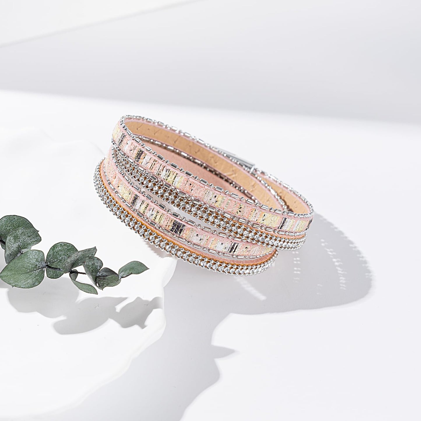 FANCY SHINY Boho Leather Wrap Bracelet Stackable Crystal Rhinestone Bangle Cuff with Magnetic Clasp Trendy Bohemian Jewelry for Women(Pink)