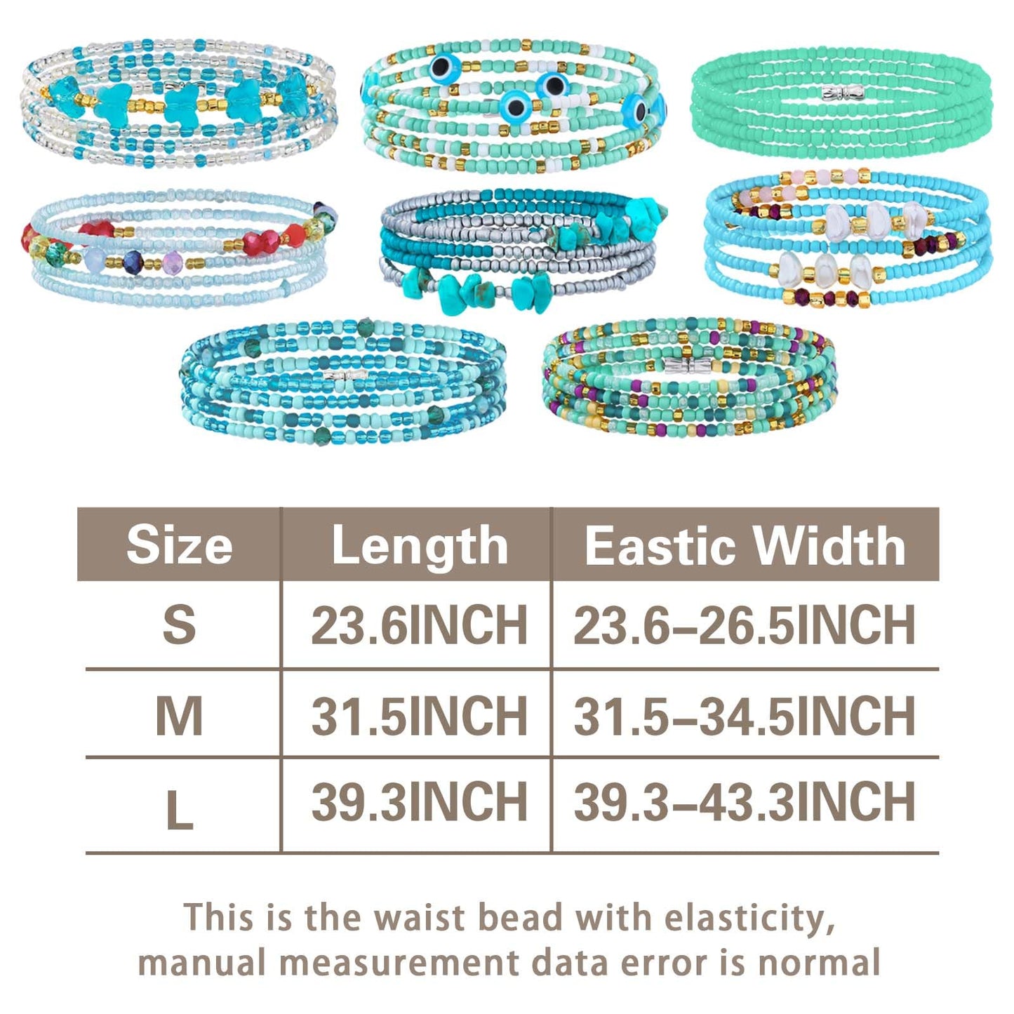 ELABEST Adjustable Handmade Waist Beads Stretchy 23-52 inch 8Pcs Chakra Yoga Body Belly Beaded Women Waist, Anklet, Bracelet, Necklace Jewelry with Screw clasp (Cyan, 31.5inch/80cm)
