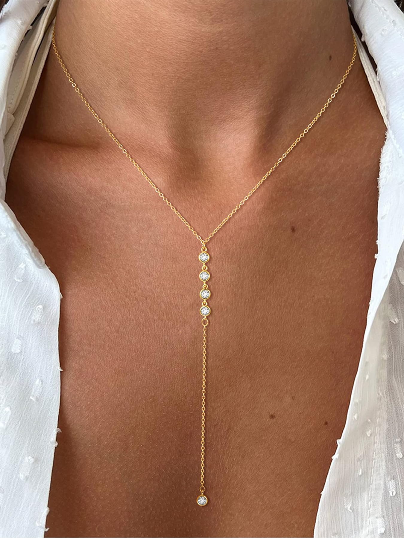 Longita Gold Body Chain Necklace Drop Y Lariat Gold Long Necklace for Women Sexy Trendy Dainty Y-Shaped Dangle Body Jewelry Rhinestone Formal Prom Accessories