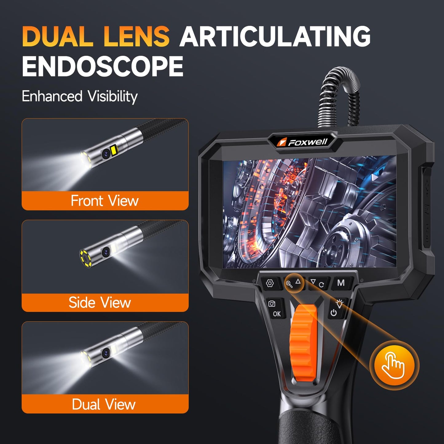 FOXWELL Dual Lens Articulating Borescope, 0.25in Slim 220° Two-Way Endoscope Camera with LED Light, IPS HD Screen, IP67 Waterproof Snake Camera for Automotive, Pipe, Wall & Engine Inspection – 5.3FT