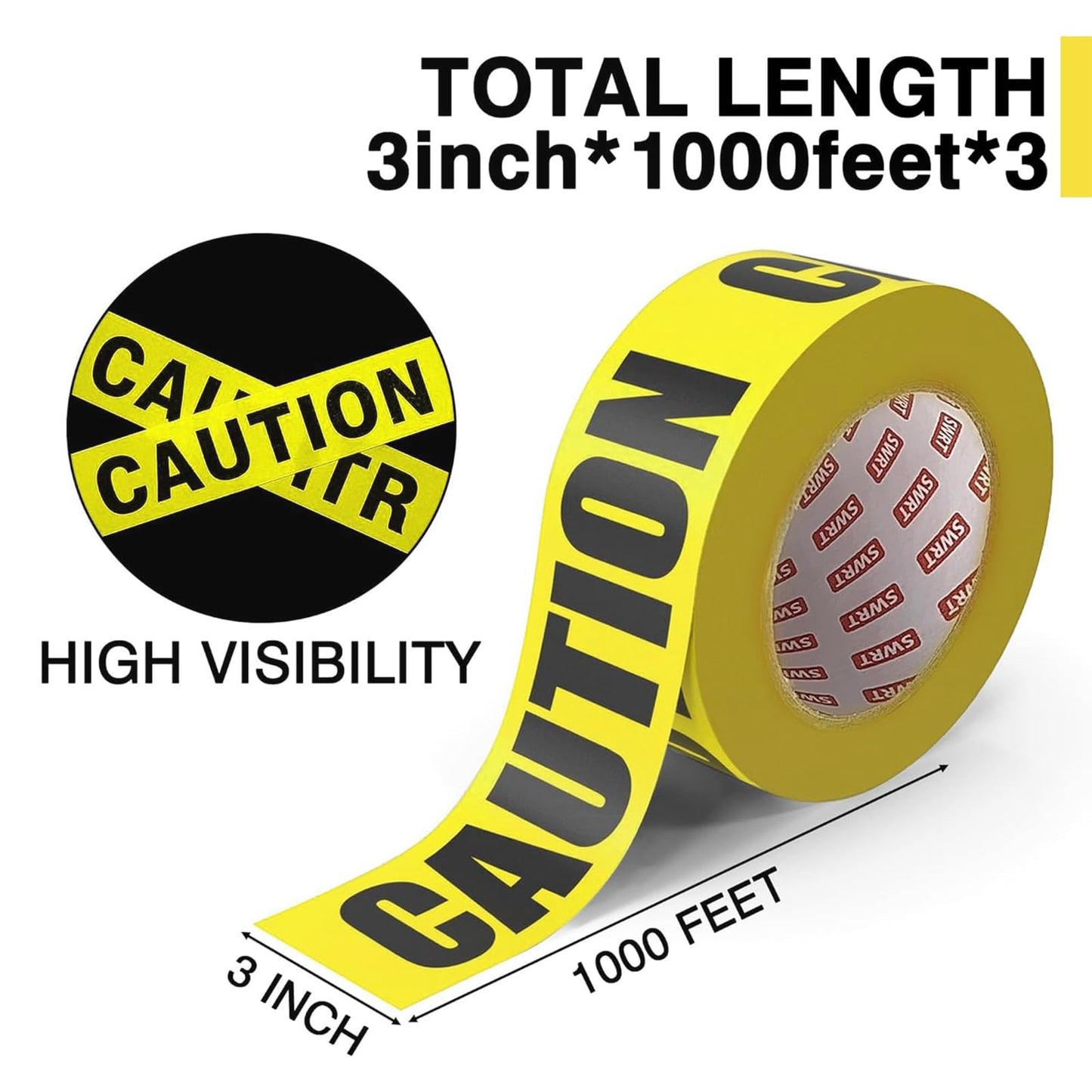 SWRT 3 Rolls Premium Yellow Caution Tape, 3 Inch x 1000FT(Total 3000FT) Bright Hazard Tape with Bold Black Text for Danger Zones/Sporting Events, Construction Tape for Crime Scenes/Halloween Decor