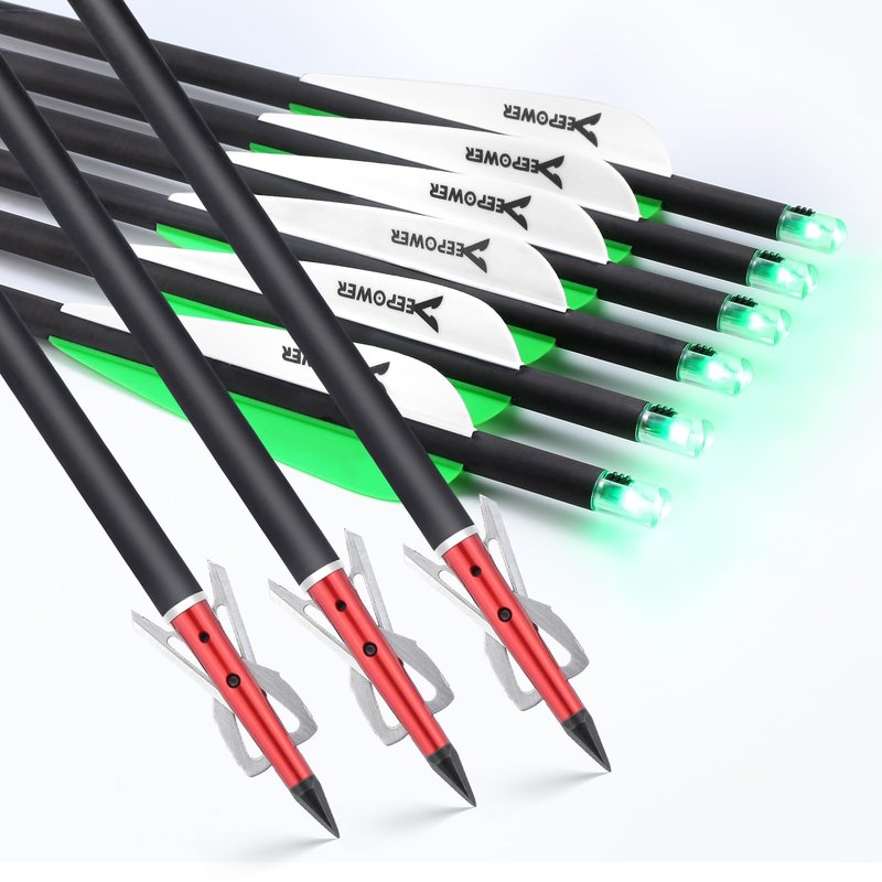DEEPOWER 6 Pack Crossbow Bolts 20 inch with Broadheads 100 Grain and 7.62mm Lighted Nocks Crossbow Arrows for Hunting and Practice (Green)