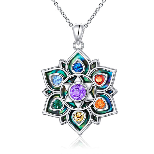 FLYOW 7 Chakra Necklace 925 Sterling Silver Lotus Flower Abalone Shell Yoga Energy Balance Pendant Spiritual Healing Jewelry Birthday Gifts for Anxiety Stress Relief Balancing Meditation