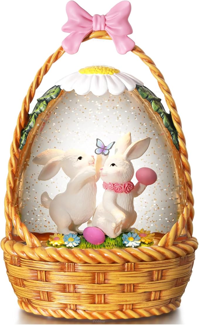 Easter Snow Globe Lantern Easter Decorations for Home with Timer Swirling Glitter, Lighted Easter Decor Indoor Easter Gifts with Easter Basket Bunny Eggs, USB or Battery Operated