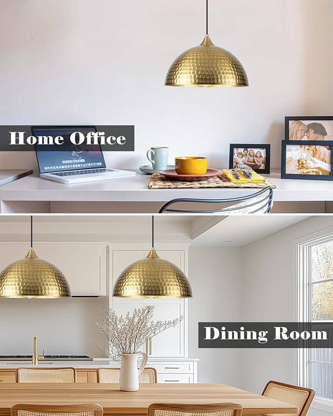 Gold Pendant Lights Kitchen Island 2 Pack, 12 Inch Hammered Dome Pendant Light, Farmhouse Kitchen Pendant Lights, Industrial Hammered Pendant Light for Kitchen, Dining Room, Barn