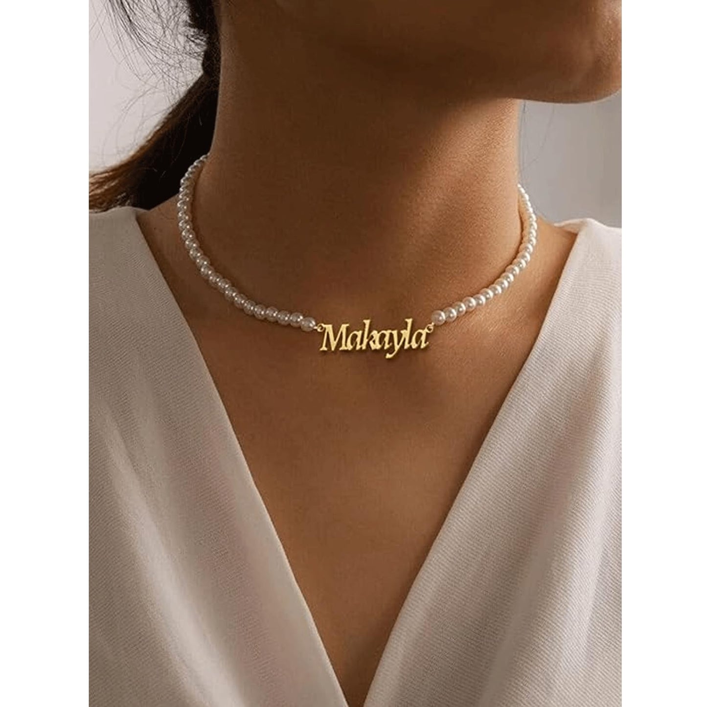 POPLYKE Custom Name Necklace with Pearl Sterling Silver Chain 7-8mm Round White Pearl Necklaces Personalized Choker Name Jewelry Gifts for Women
