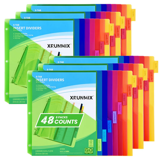 8-Tab Binder Dividers - Index Pockets Divider for 3 Ring Binders, 3-Hole Plastics Sheets Protectors for US Letter Size in 0.5'', 1'', 2'', 3 inch Binders, 8 Colors (XY004) (6 Packs)