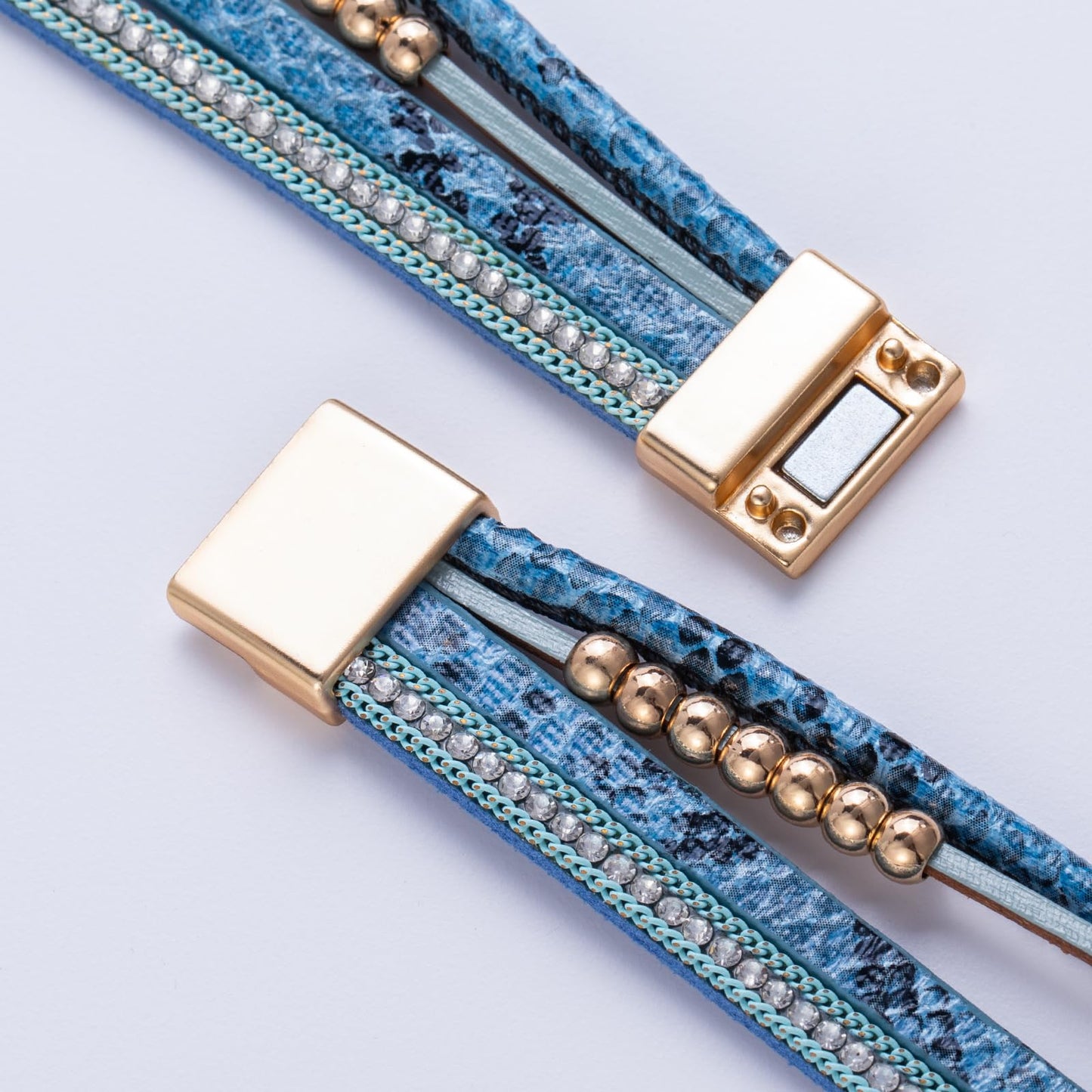FANCY SHINY Boho Leather Wrap Bracelet Stackable Beaded Infinity Chunky Cuff Bracelets with Magnetic Clasp Western Hippie Outfits Jewelry Gifts for Women(Snakeskin Blue)