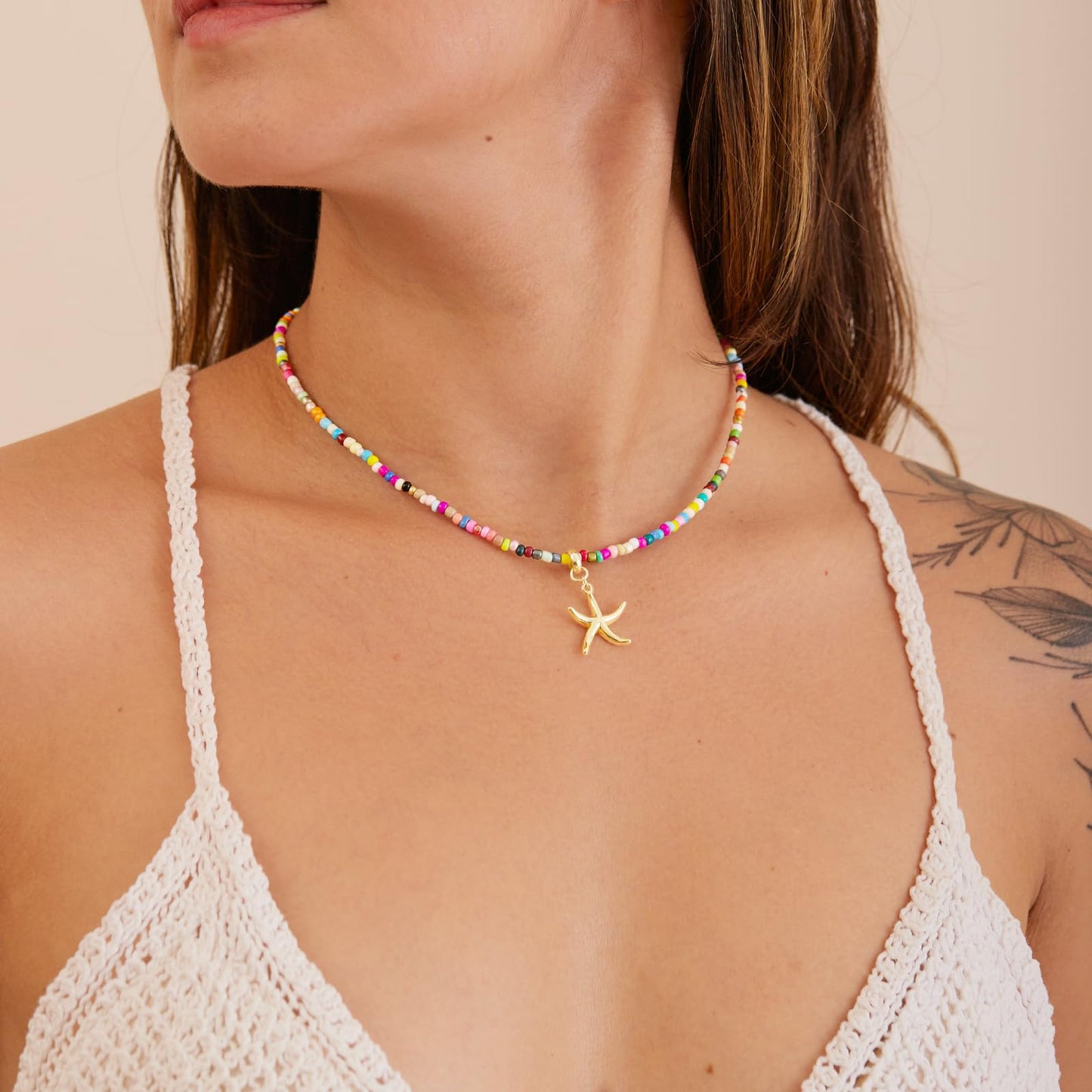 Plenky Gold Necklace for Women-Colorful Beaded Necklaces 14K Gold Plated Bohemian Choker Starfish Beachy Jewelry for Women Gifts