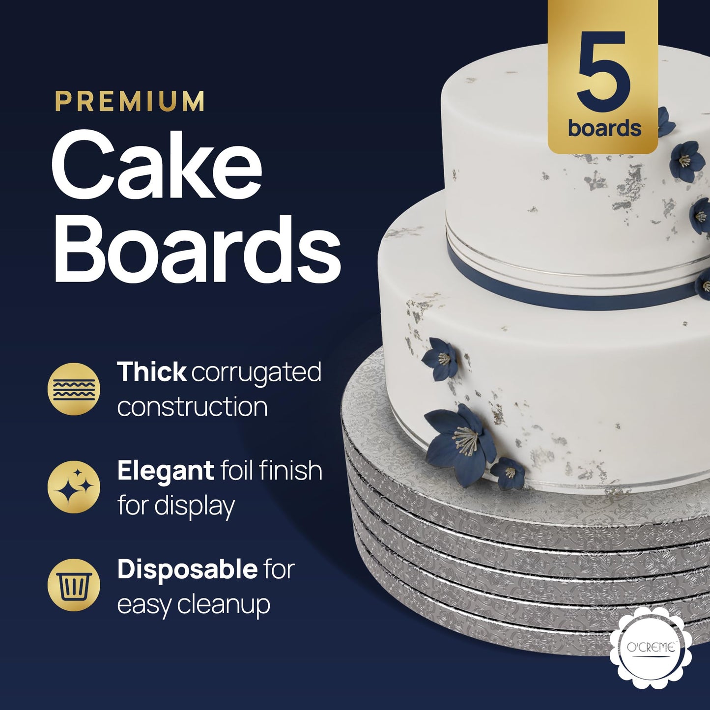 O’Creme Cake Board, Silver Foil Round Cake Circles with Gorgeous Design, Sturdy & Durable 1/2” Thick Cake Drums, Round Cake Boards with 18” Diameter, Pack of 5 Disposable Cake Drums