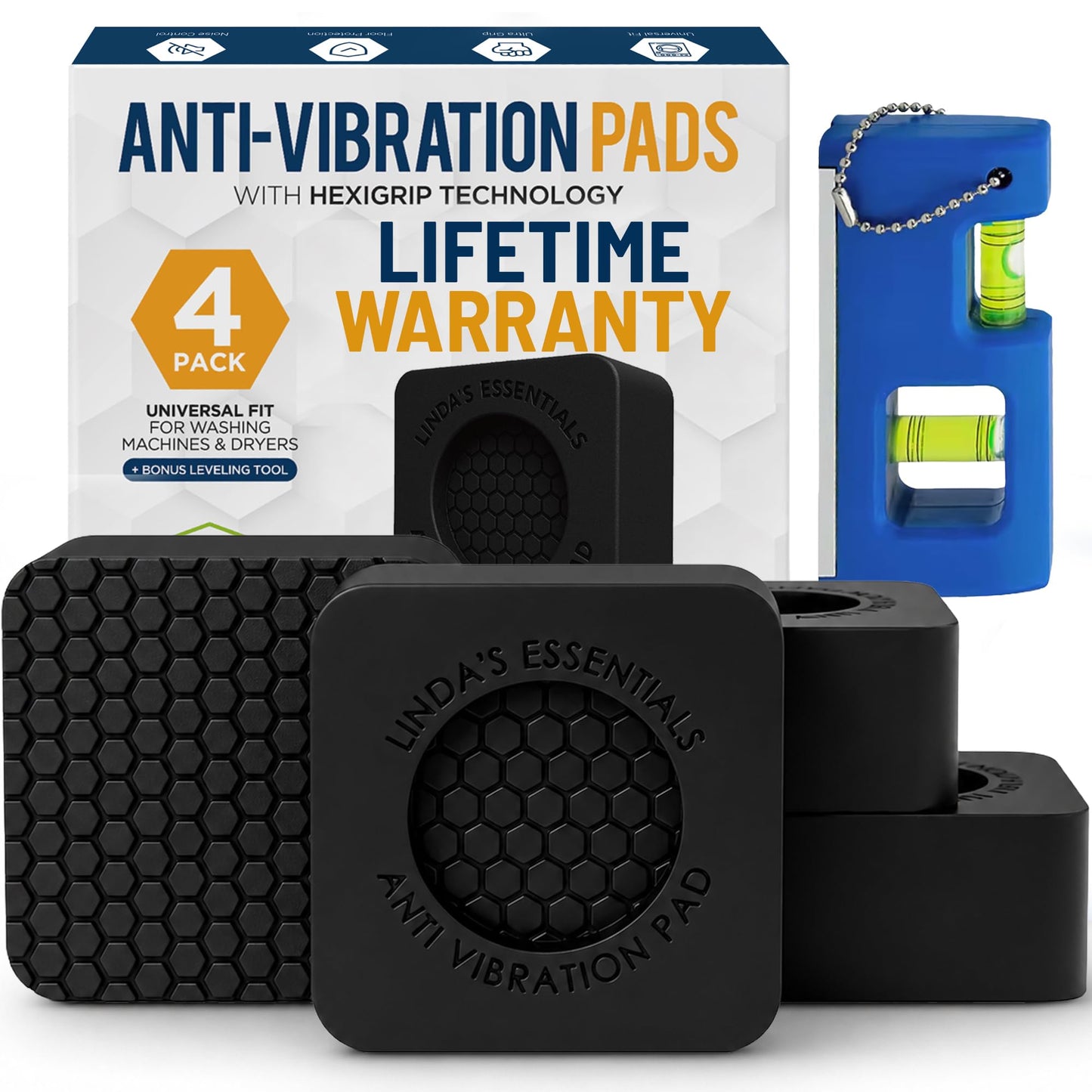 Anti Vibration Pads for Washing Machine and Dryer (Set of 4) - Washer Anti Vibration Pads with HexiGrip™ - Washing Machine Accessories & Leveling Pads - Vibration Dampening Mat