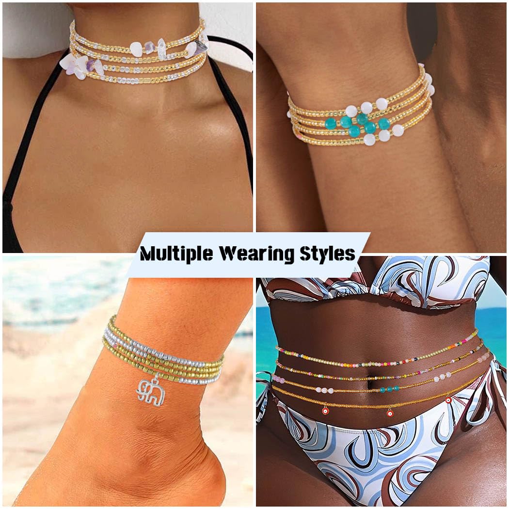 ELABEST 24-39inch African Waist Beads for Women 8Pcs Elastic Belly Beads Colorful Beaded Waist Jewelry Accessories Body Chain (Gold, 31.5inch/80cm)