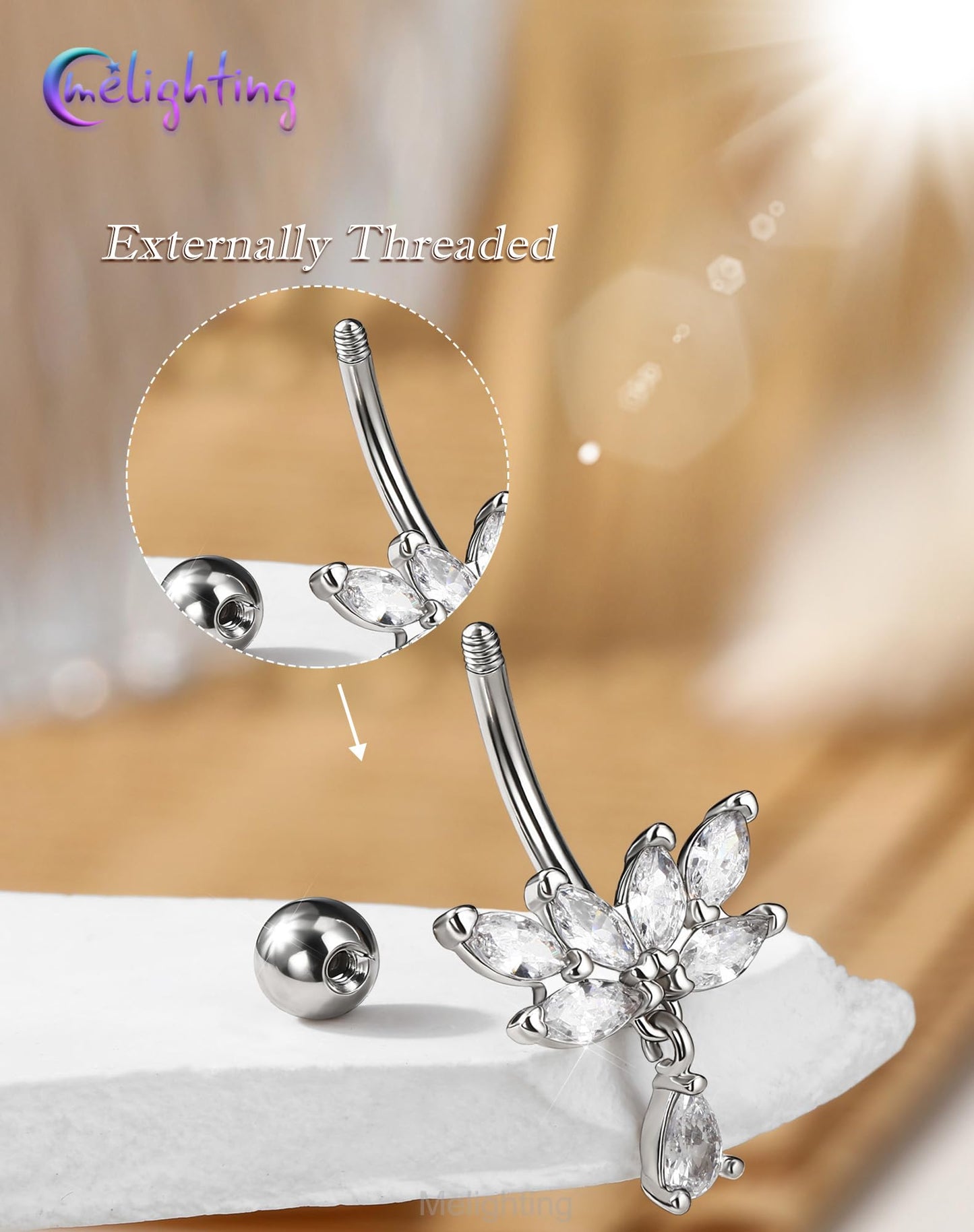 Melighting 14G Lotus Belly Button Ring Stainless Steel 316L Dangle Navel Piercing Jewelry Marquise CZ Belly Bar 10 mm Silver Body Jewellery for Women
