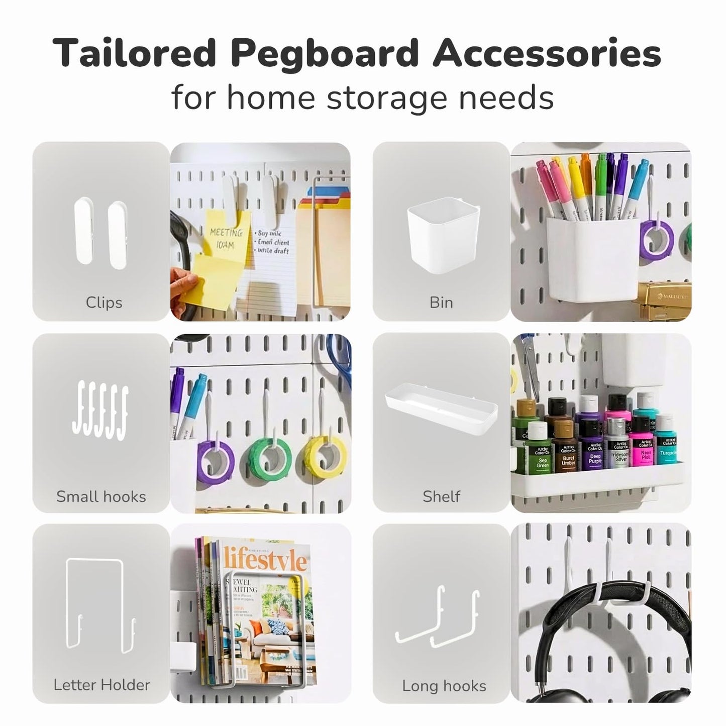 Keepo Peg Board Wall Organizer – Plastic Pegboard Panels, Modular Peg Board Storage System For Home Office, Craft Room, Gaming Setup (White, 22″×22″)