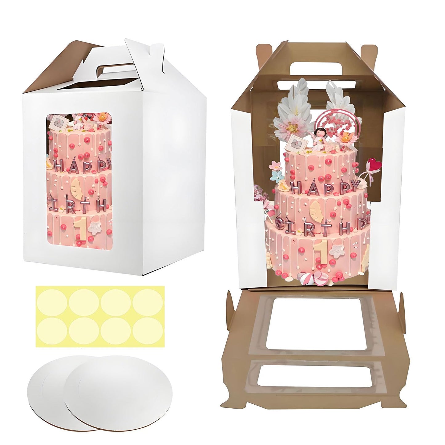 GODCDKC Cake Boxes - 2 Pack Tall Cake Box 12x12x14 Inch Disposable Layer Carrier with Window Large Tierd Cake Out Transport Containers with Handle for Wedding, Birthday, Party (White)