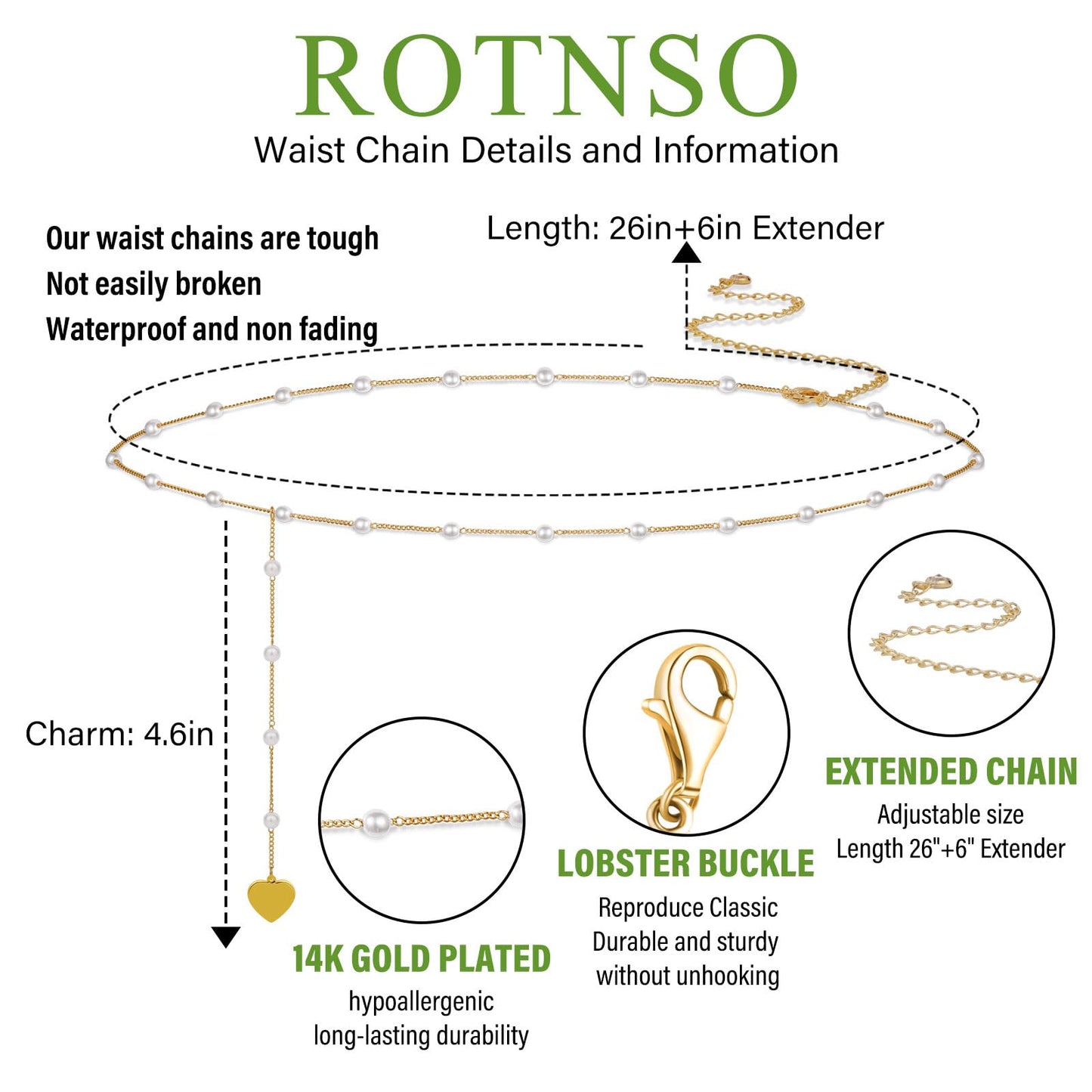 Rotnso 14K Gold Plated Body Chains Dainty Boho Layered Beach Waist Pearl Bead Chain Adjustable Bikini Belly Chain Jewelry Accessories for Women Sexy