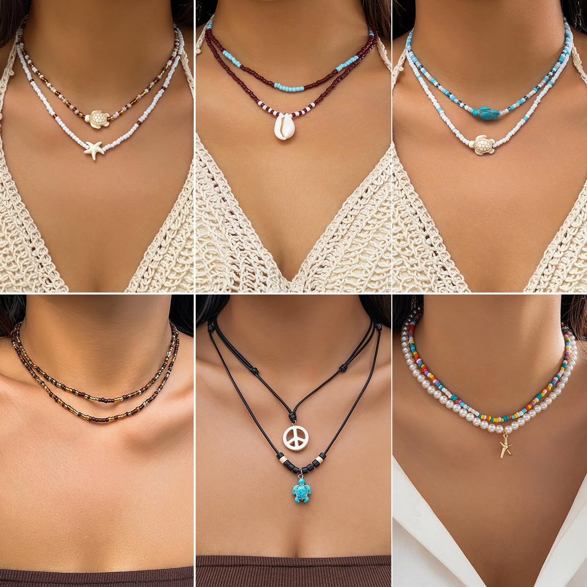 Sora Tuki Layered Starfish Necklace Beach Jewelry for Women Seashell Cowrie Puka Shell Necklaces for Women Beach Necklace Turtle Beaded Choker Necklaces Ocean Jewelry (2 - Beaded starfish)